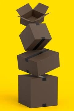 Stack of cardboard boxes or carton gift box isolated on yellow background. 3d Stock Illustration