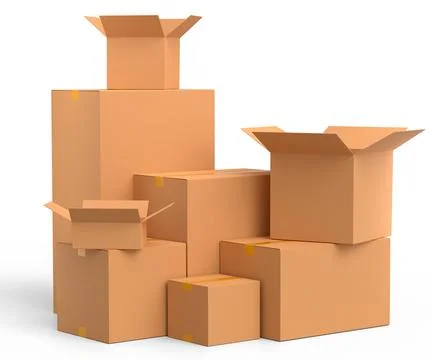 Stack of cardboard boxes or carton gift box isolated on white background. 3d  Stock Illustration