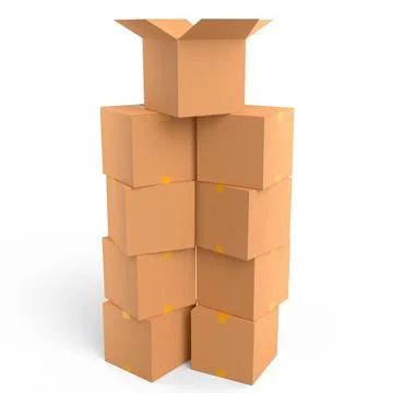 Stack of cardboard boxes or carton gift box isolated on white background. 3d  Stock Illustration