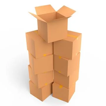 Stack of cardboard boxes or carton gift box isolated on white background. 3d  Stock Illustration