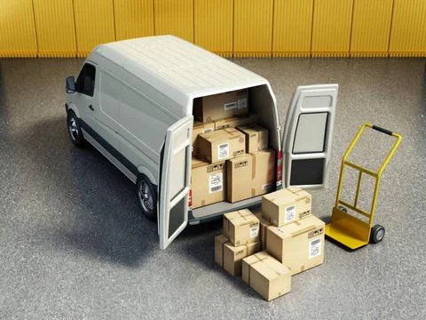 Stack of cardboard boxes standing near open cargo van rear door. Cargo dis... Stockfoto's