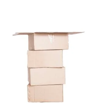 A stack of cardboard boxes on a white background. Open cardboard mail box Foto stock