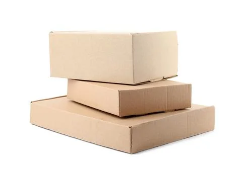 Stack of cardboard boxes on white background 스톡 사진