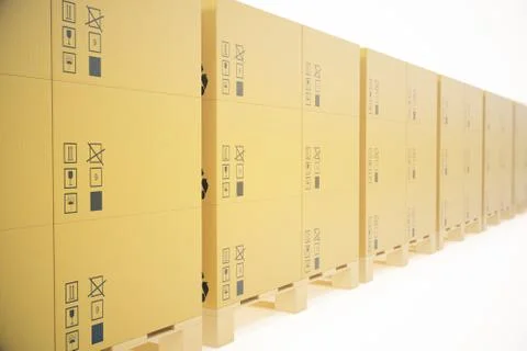 Stack of cardboard delivery boxes or parcels. Warehouse concept background. 3d Stock Illustration