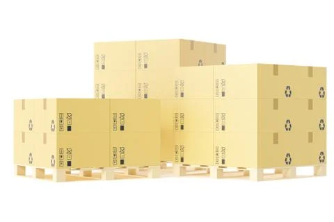 Stack of cardboard delivery boxes for parcels on pallet. Warehouse concept Stock Illustration