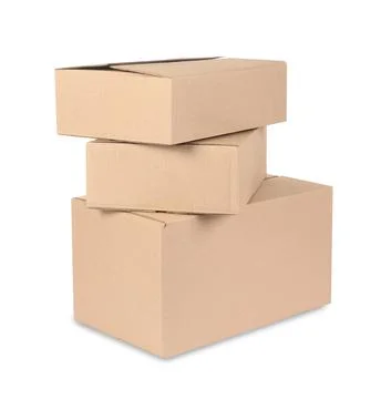 Stack of cardboard parcel boxes isolated on white Stock Photos