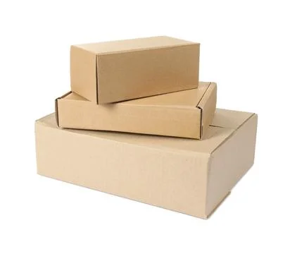 Stack of cardboard parcel boxes isolated on white Stock Photos