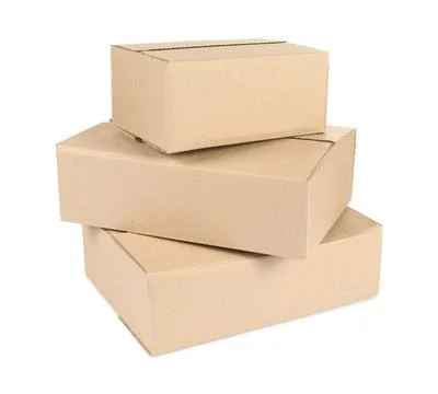 Stack of cardboard parcel boxes isolated on white Stock Photos