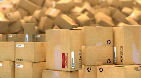 Stack of cardboard parcels lying on a heap - 3d illustration Illustrazione stock