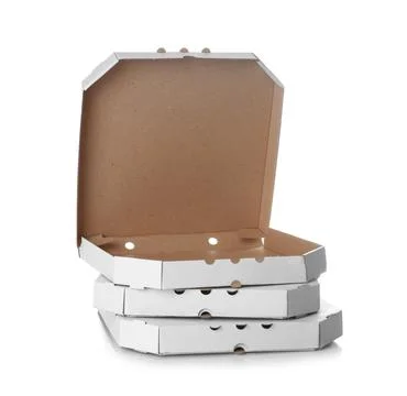 Stack of cardboard pizza boxes on white background Stock Photos