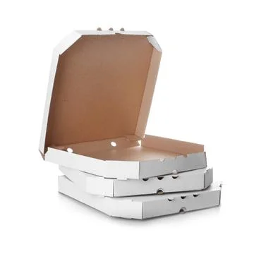 Stack of cardboard pizza boxes on white background Stock Photos