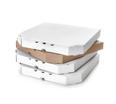 Stack of cardboard pizza boxes on white background. Mockup for design 스톡 사진