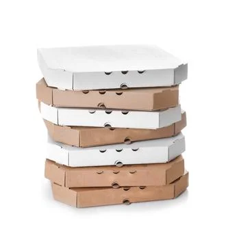 Stack of cardboard pizza boxes on white background Stock Photos