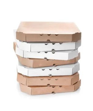 Stack of cardboard pizza boxes on white background Foto stock