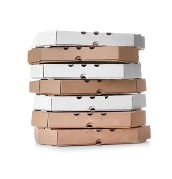 Stack of cardboard pizza boxes on white background Stock Photos