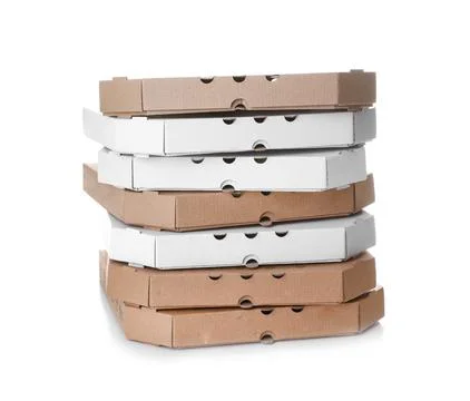 Stack of cardboard pizza boxes on white background Stock Photos