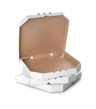 Stack of cardboard pizza boxes on white background 스톡 사진