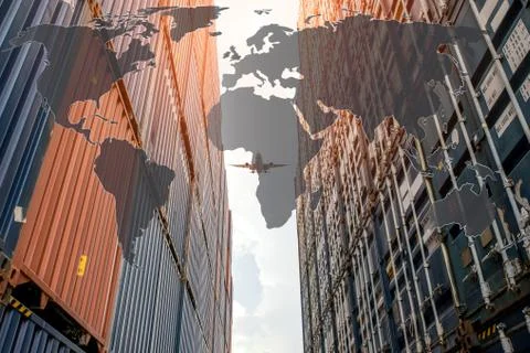 Stack of cargo containers with global map at the docks. Use for cargo contain Stock Photos