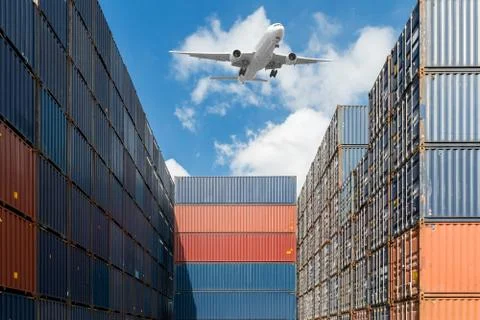 Stack of cargo containers at port terminal use for import, export and logisti Stock Photos