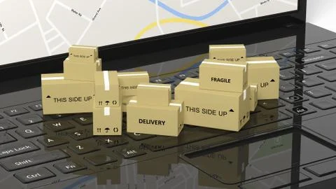 Stack of carton boxes on black laptop keyboard Illustrazione stock