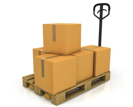 Stack of carton boxes on a pallet with a pallet truck Stock Illustration
