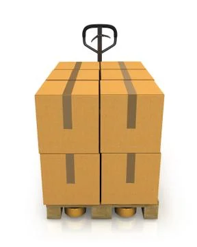 Stack of carton boxes on a pallet with a pallet truck front view Stock Illustration