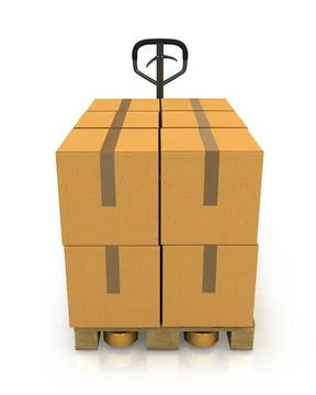 Stack of carton boxes on a pallet with a pallet truck front view Stack of ... Stock-Fotos