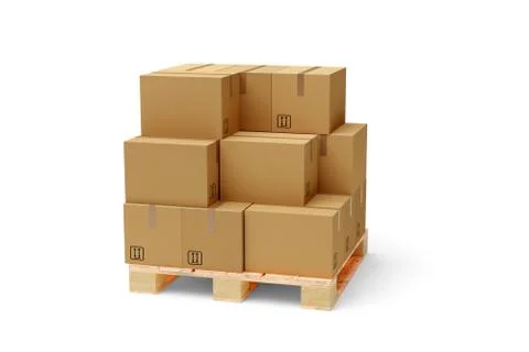 Stack of carton boxes on wooden pallet over white background, freight, cargo, Illustrazione stock