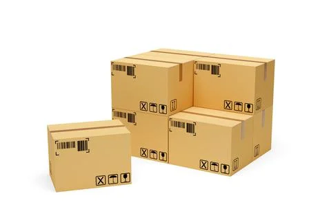 Stack of carton cardboard boxes with single cardboard box in front over white Stock Illustration