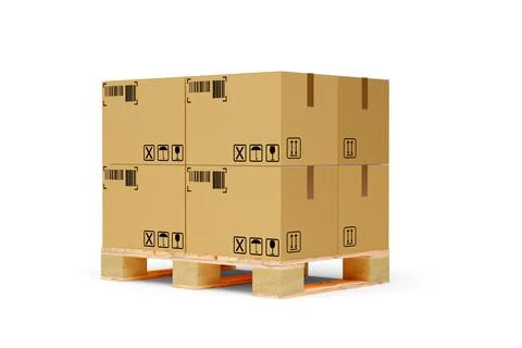 Stack of carton cardboard boxes on wooden pallet over white background, freig Stock Illustration