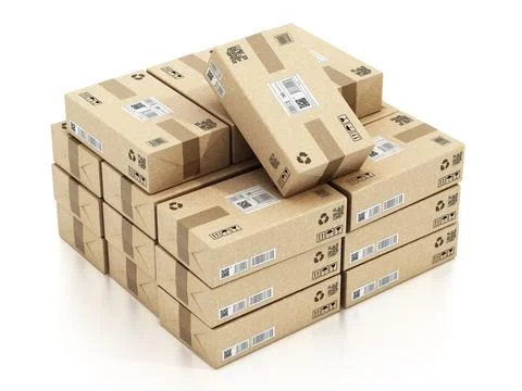 Stack of carton parcel cardboard packages. 3D illustration Stock Illustration