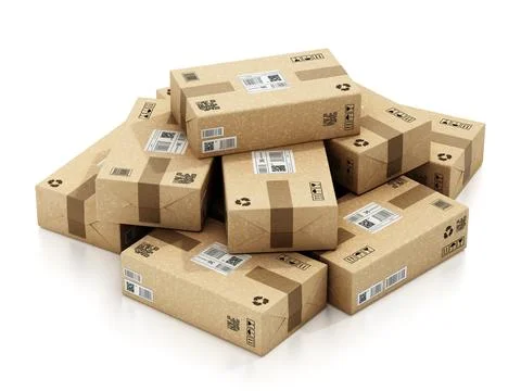Stack of carton parcel cardboard packages. 3D illustration Stock Illustration