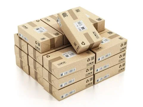 Stack of carton parcel cardboard packages. 3D illustration Stack of carton... Stock Photos