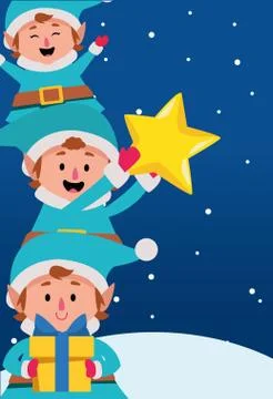 Stack of cartoon christmas elfs with star and gift box イラスト素材