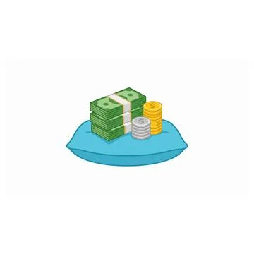 Stack of cash and coins sitting on a soft blue pillow Illustrazione stock