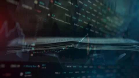 Stack of Cash with Glowing Digital Stock Market Chart Overlay Stock Footage 336757579