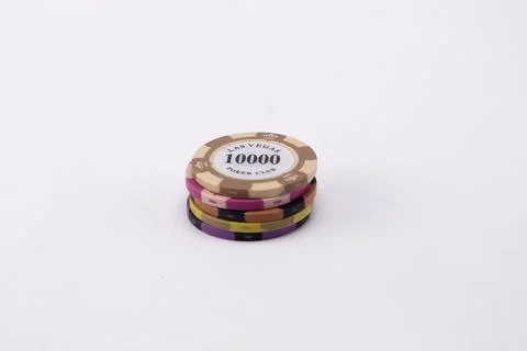 Stack of Casino Chips with 10000 Value on White Background, Gambling Concept. Stock Photos
