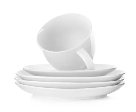 Stack of ceramic tableware isolated on white Stock Photos