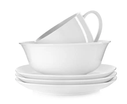 Stack of ceramic tableware isolated on white Stock Photos
