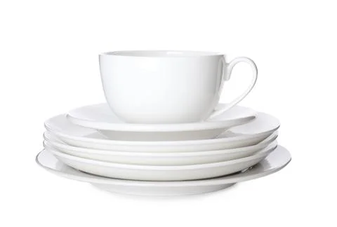 Stack of ceramic tableware isolated on white Stock Photos