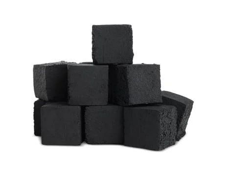 Stack of charcoal cubes for hookah on white background 스톡 사진