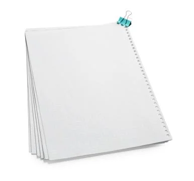 Stack of checkered paper sheets with binder clip on white background Stock Photos