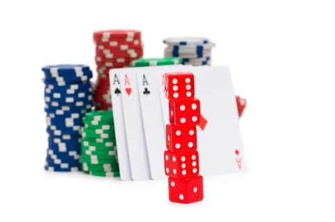 Stack of chips and dice isolated on the white background Stock Photos