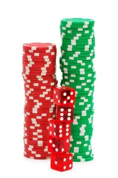 Stack of chips and dice isolated on the white background Stock Photos