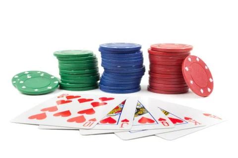 Stack of chips and a royal flush Stock Photos