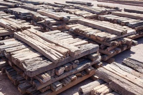 Stack of chock wood for train, construction site Foto stock