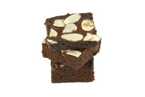 Stack of chocolate cake with almond topping isolated Stock Photos