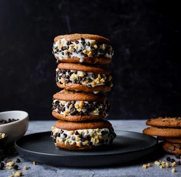 Stack of chocolate chip cookie ice cream sandwiches on a plate. Stock Photos