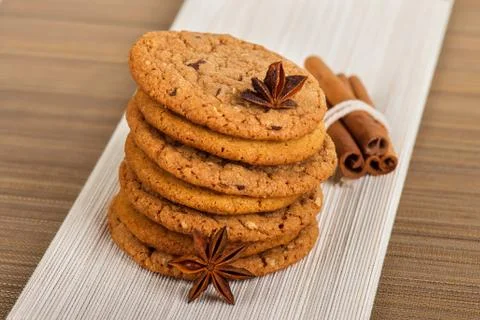 A stack of chocolate chip cookies and cinnamon 스톡 사진