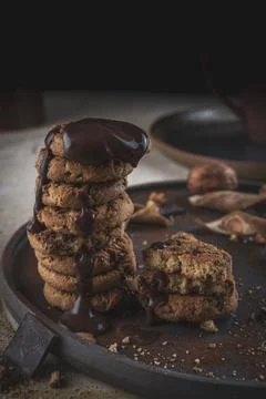 Stack of chocolate chip cookies inside a bowl Stock Photos
